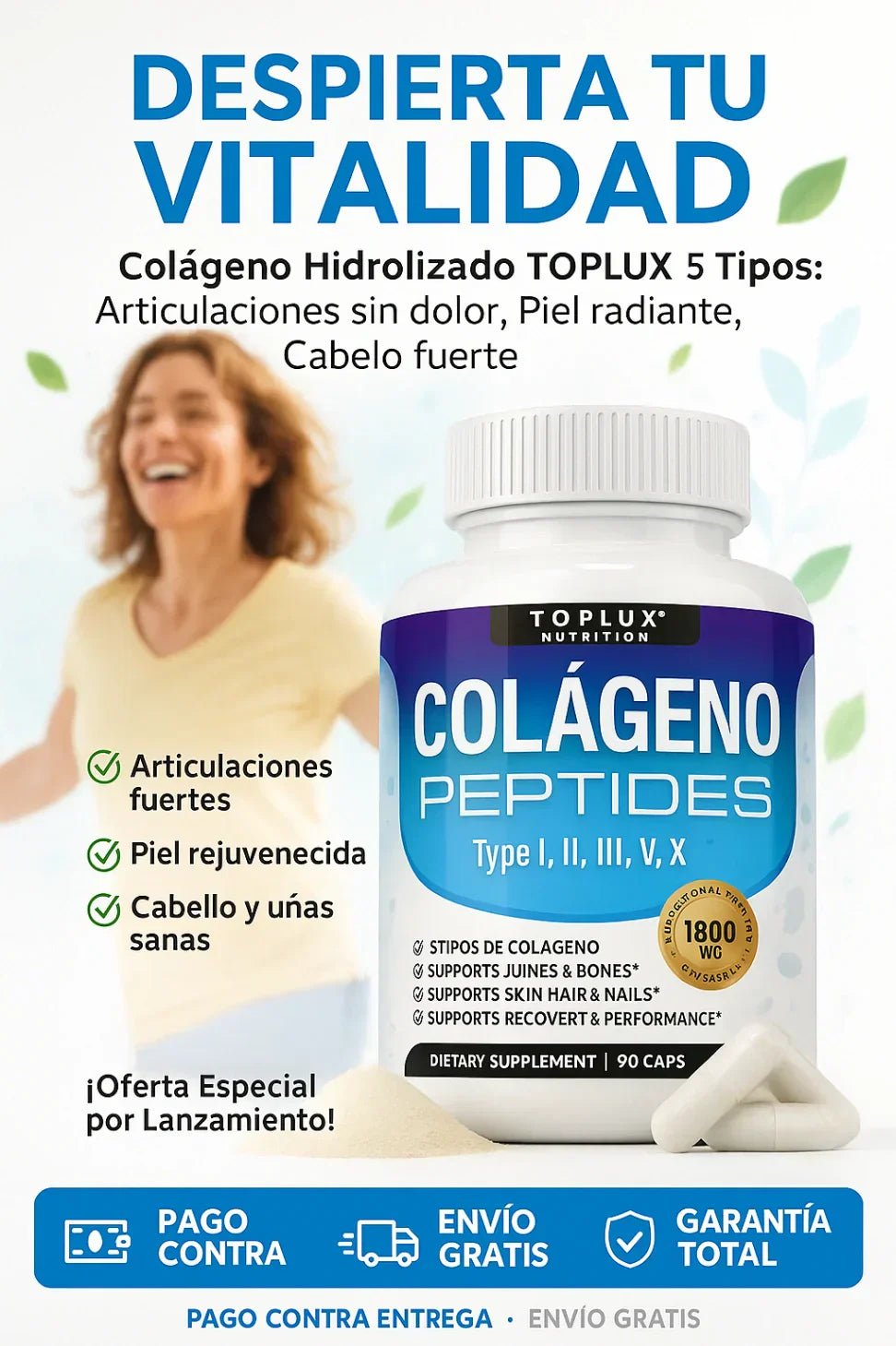 Colágeno Hidrolizado TOPLUX™ 5 Tipos (I, II, III, V, X) | Fortalece Articulaciones, Piel y Cabello - FraDa Store